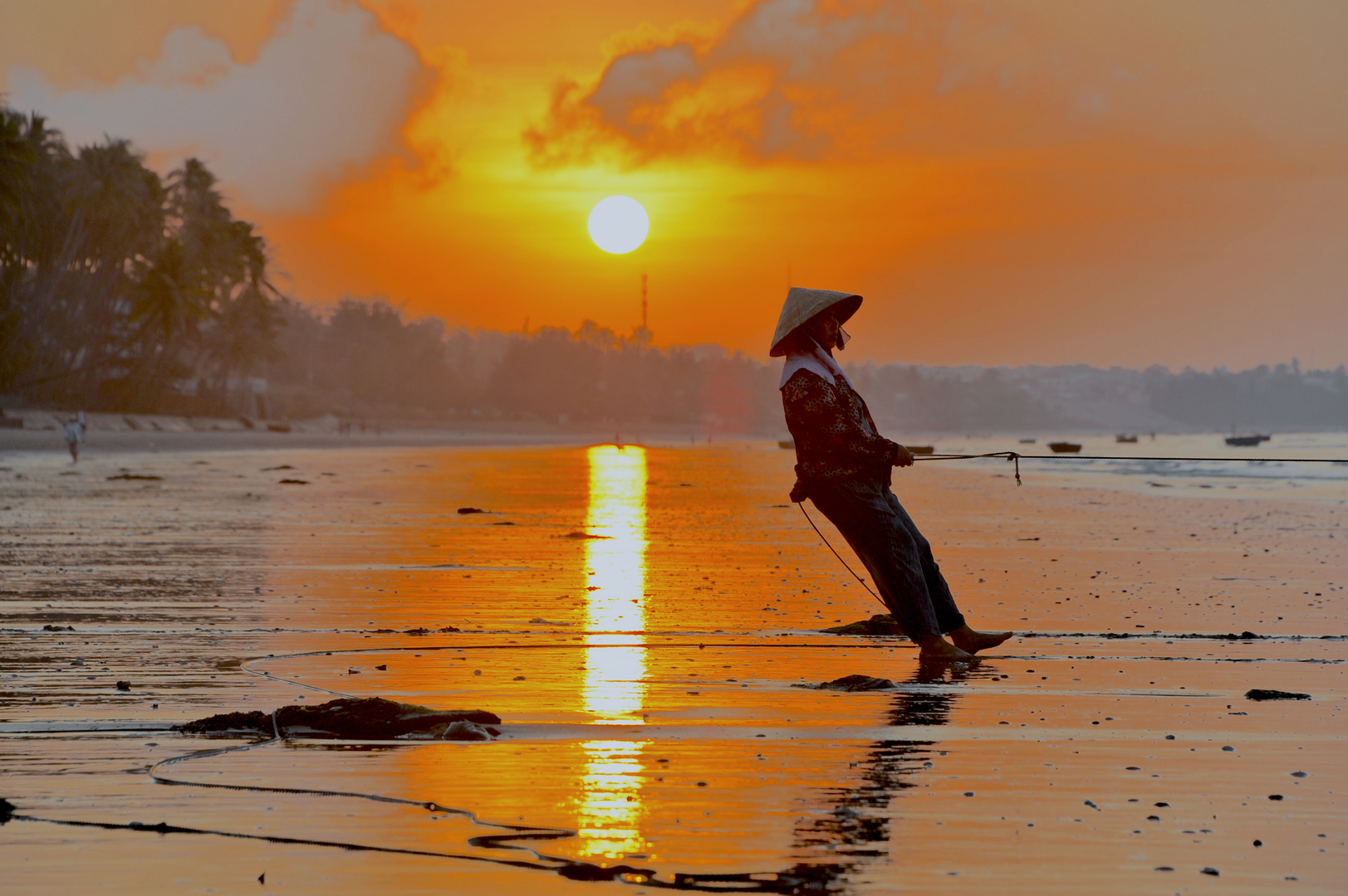 Early Morning Fishing after Sunrise in Vietnam