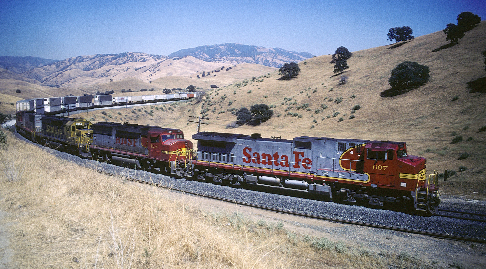 Eastbound BNSF/ATSF (ex Santa Fe) Double Stack Container/Trailer Freight Train...