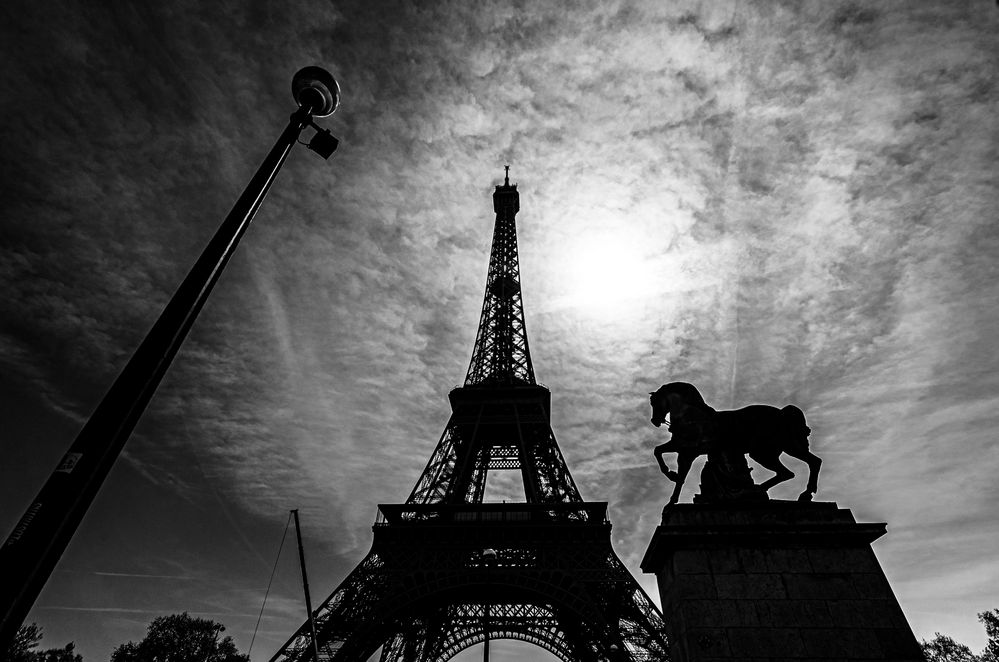 Eiffel Tower backlighted in black and white