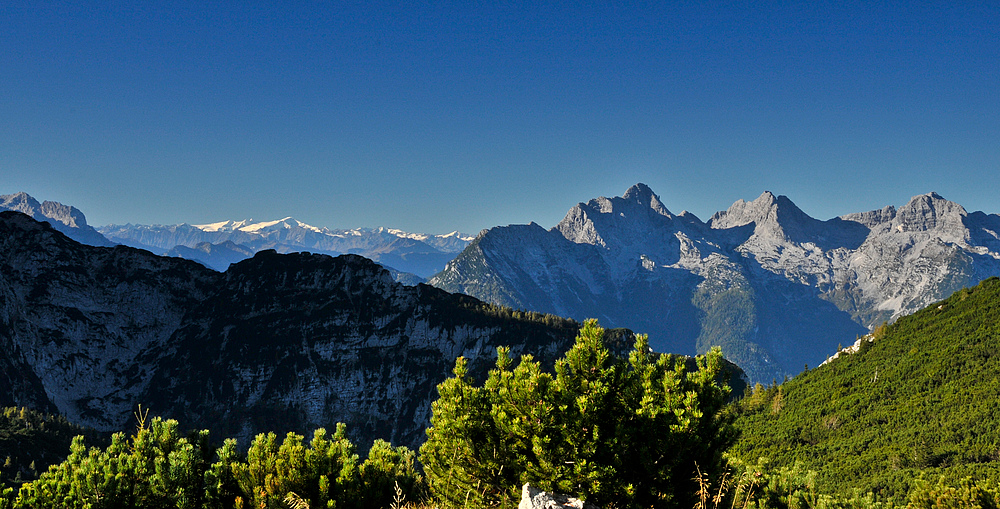 Ein Blick von den Reither Steinbergen in Loferer Steinberge und Venedigergruppe