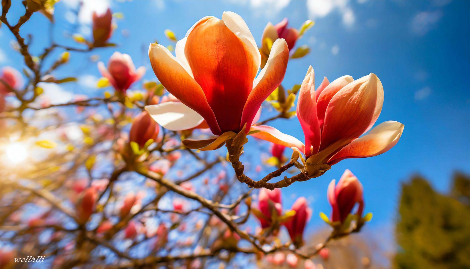 Ein blühender Magnolienbaum in rot