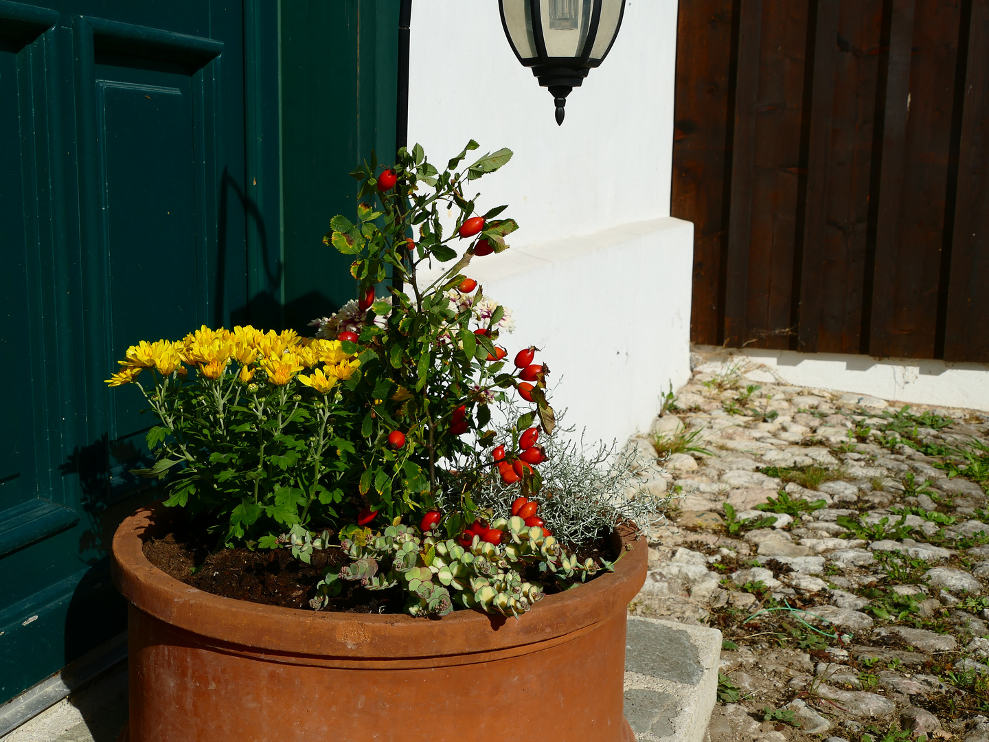 Ein Blumenarrangement mit Hagebutten