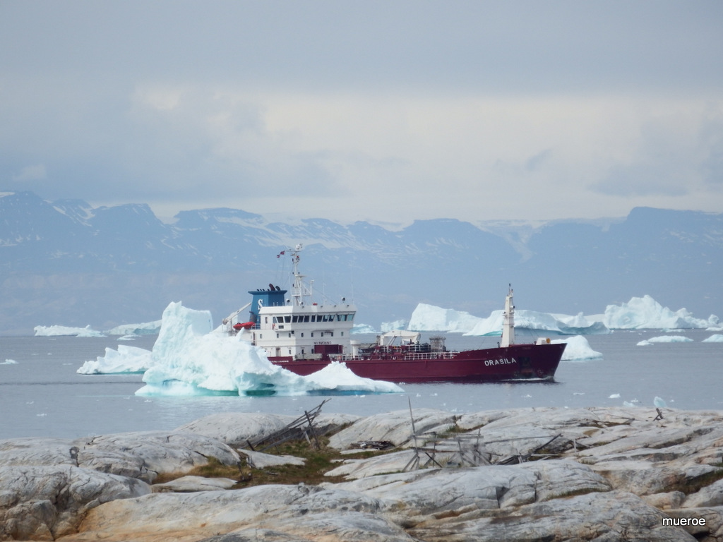 Ein Dampfer steuert den Hafen von Ilulissat an