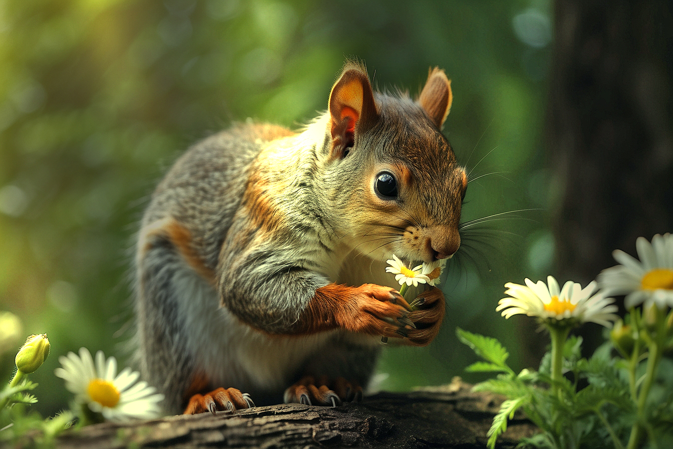 Ein Eichhörnchen schnüffelt an einem Gänseblümchen