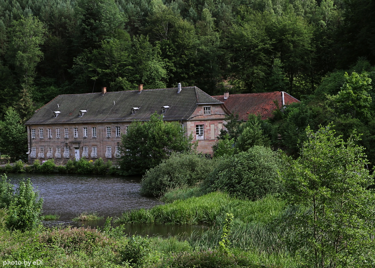 Ein großes Gebäude in reicher Natur