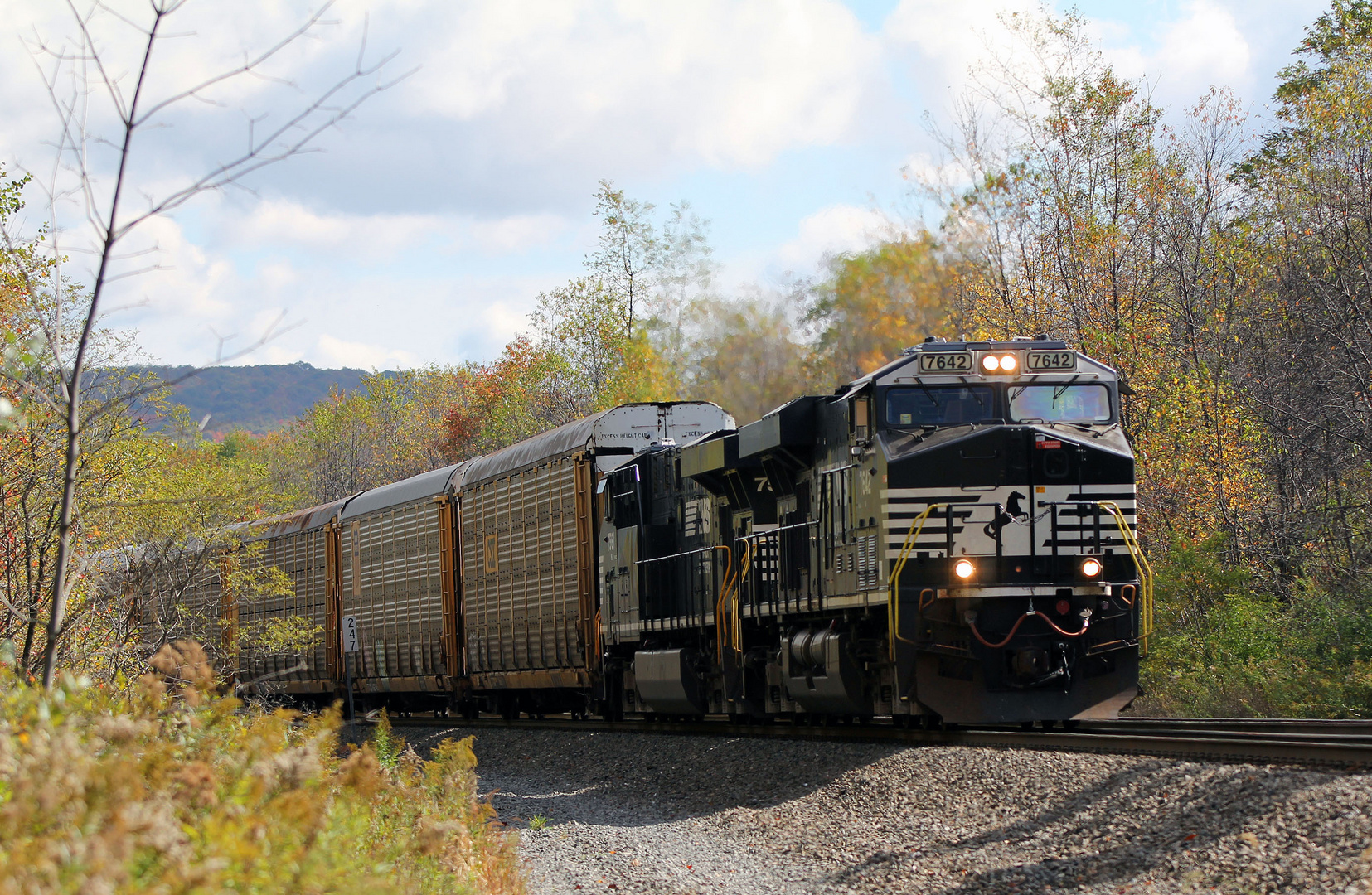 Ein Güterzug der Norfolk & Southern mit Enclosed Auto Carrier Cars kurz vor dem Gallitzin Tunnel