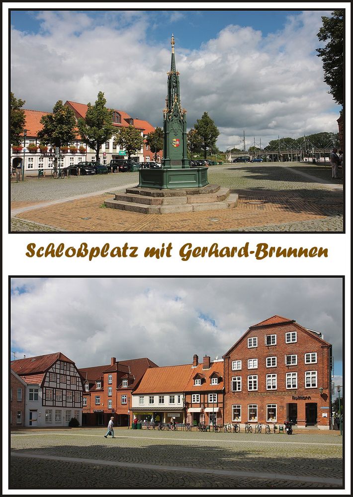 Ein historisches Denkmal der Gerhardsbrunnen auf dem Schloßplatz in Rendsburg.