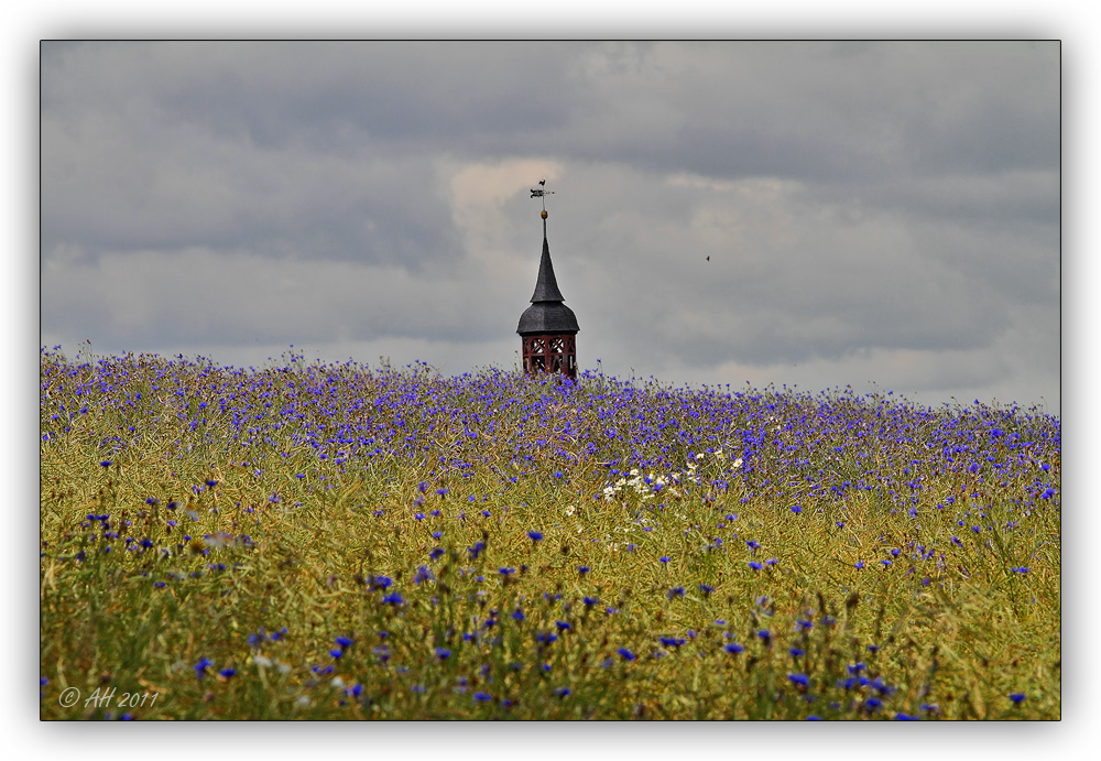 Ein Kirchturm im Feld