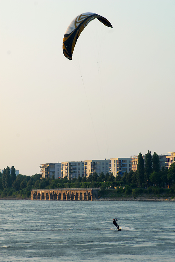 Ein Kitesurfer auf dem Rhein