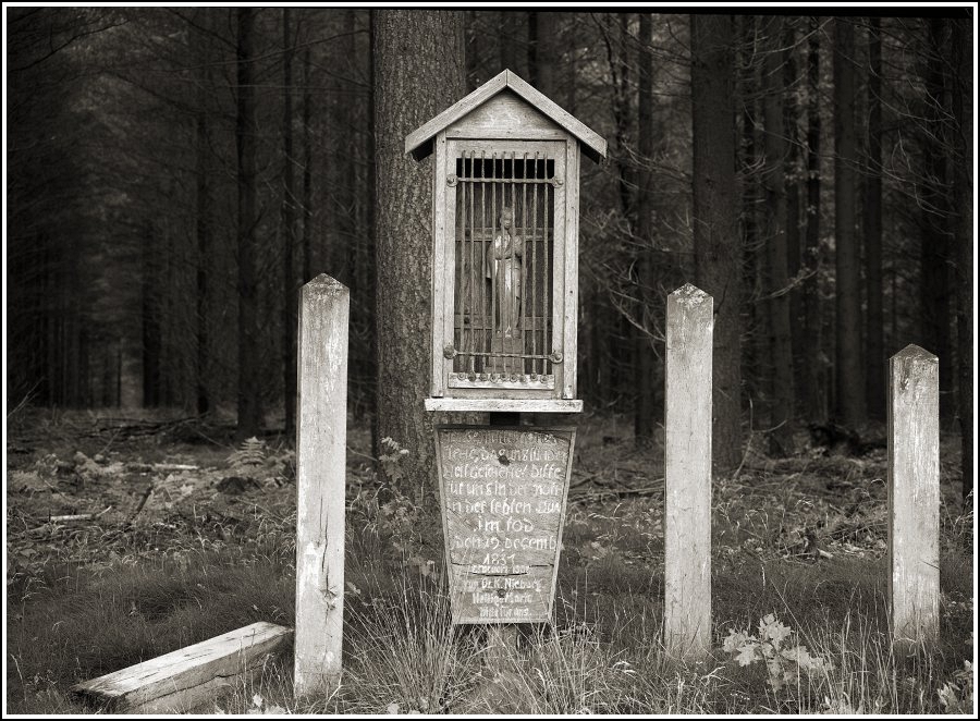 Ein Kleinod, ein Bildstock mit der Mutter Gottes aus altem Holz.