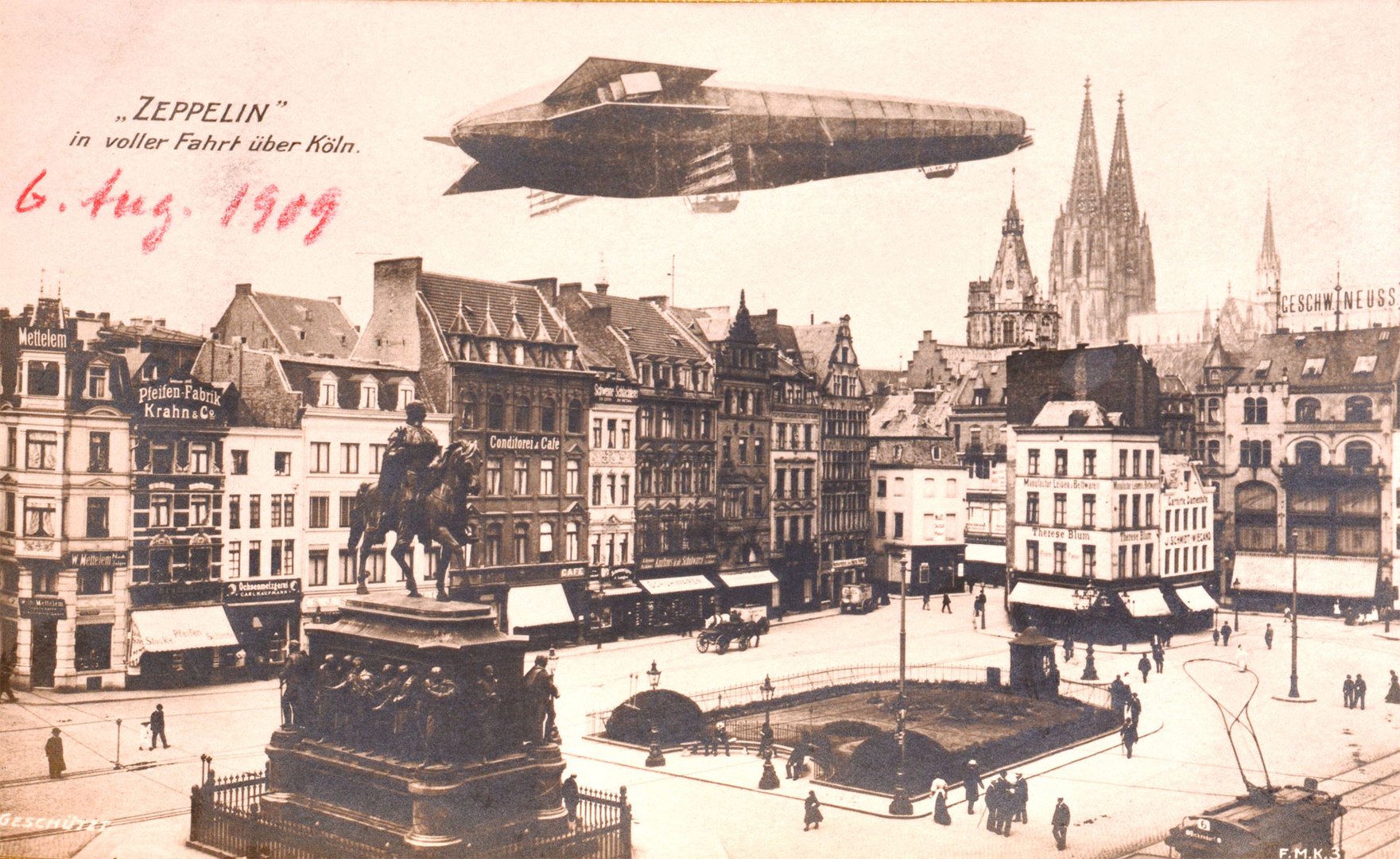 Ein Luftschiff in voller Fahrt über Köln 1909