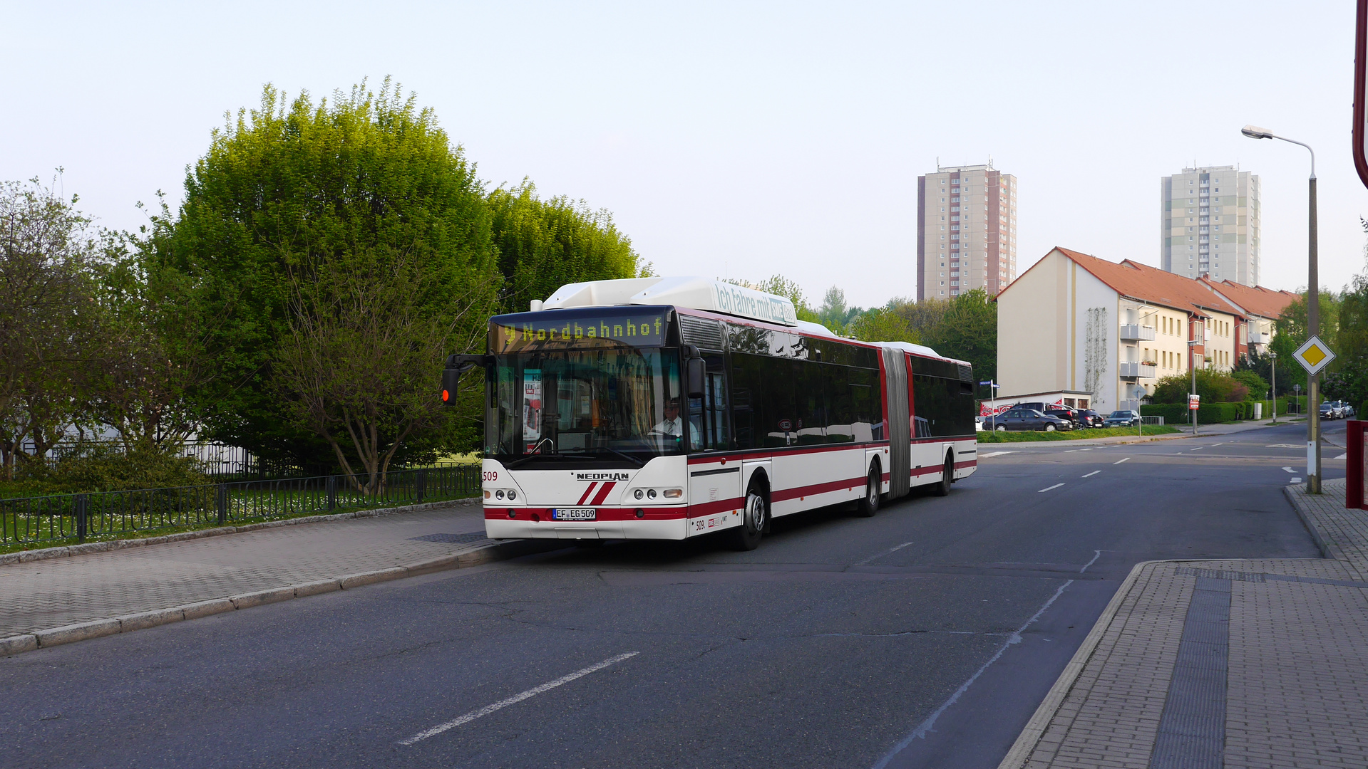 Ein Neoplan N4421 CNG steht an der Haltestelle Häßlerstraße in Erfurt