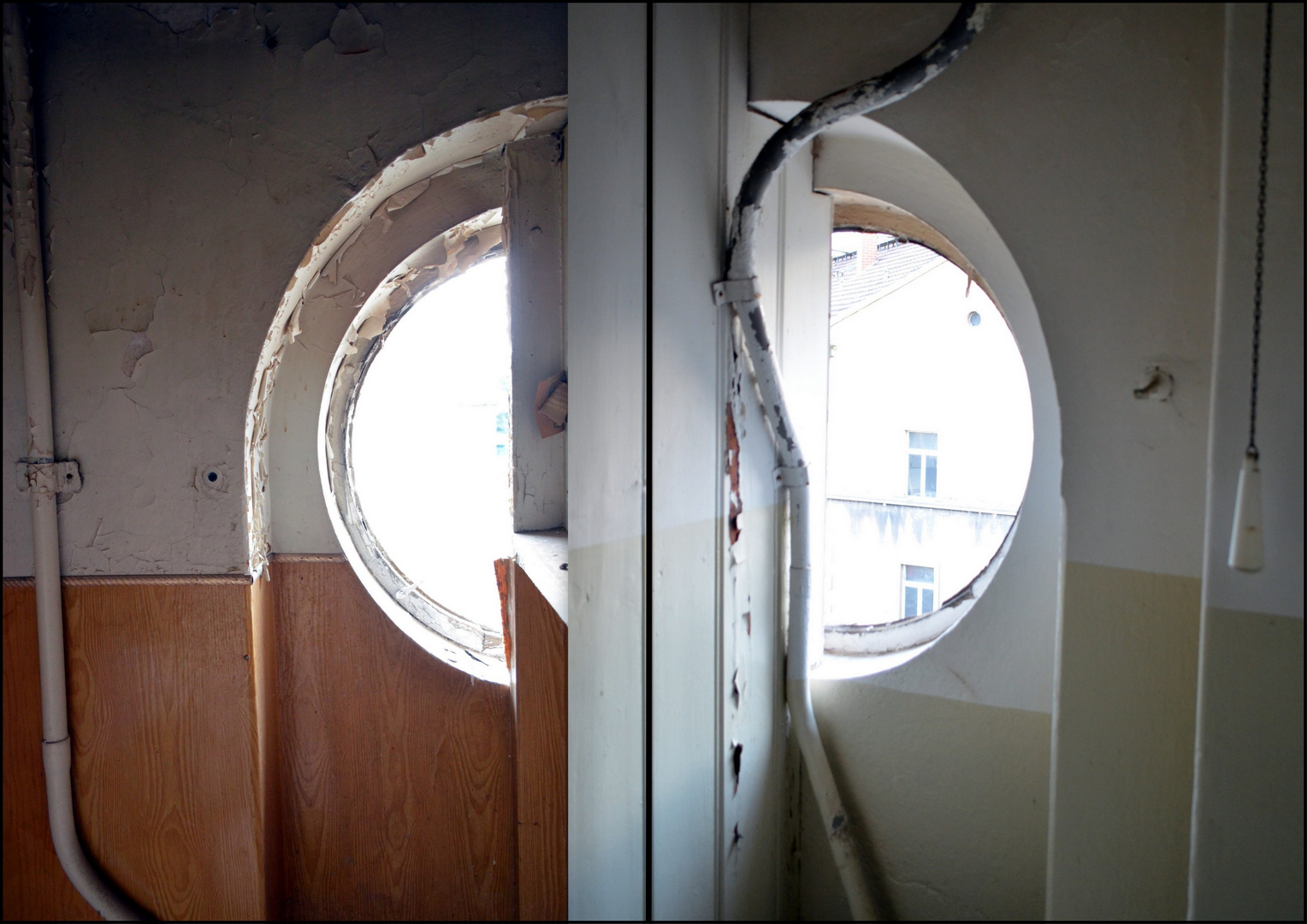 Ein rundes Fenster - in zwei Räume aufgeteilt.