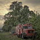 ein seltsames Gespann - altes Feuerwehrauto und Ladewagen auf grüner Wiese (1)