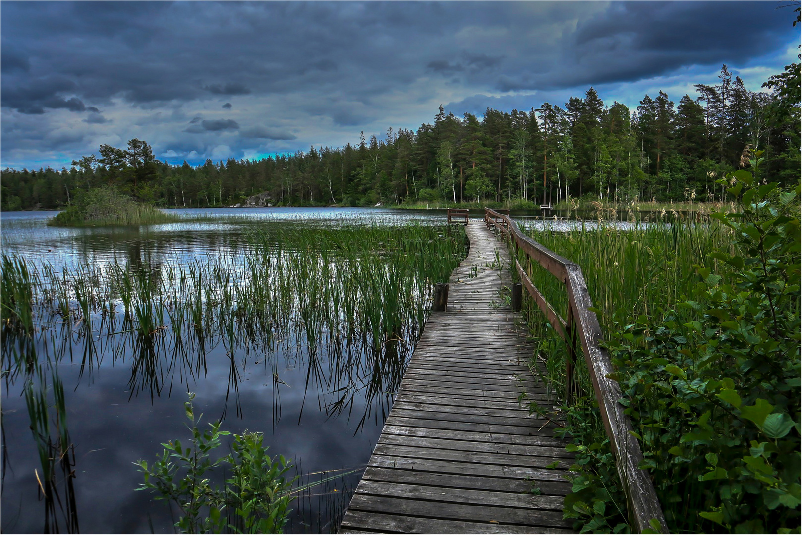 Ein Steg an einem kleinen See in Schweden.