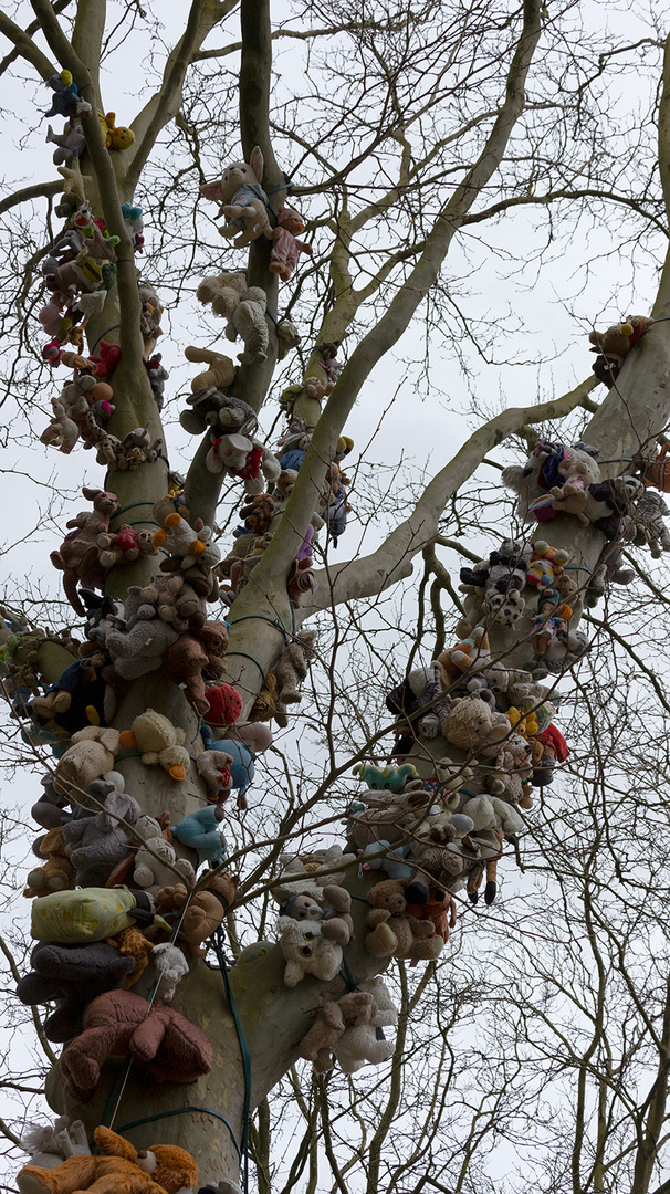 ein Stofftier-Baum als Zeichen gegen den Kindesmissbrauch