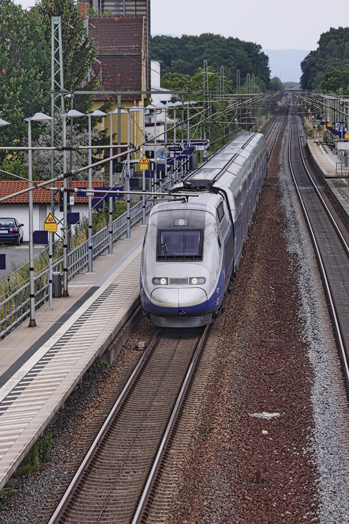 Ein TGV durchfährt den Bahnhof Dornheim