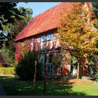 Ein wiederaufgebautes Fachwerkhaus in der herbstlichen Lüneburger Heide