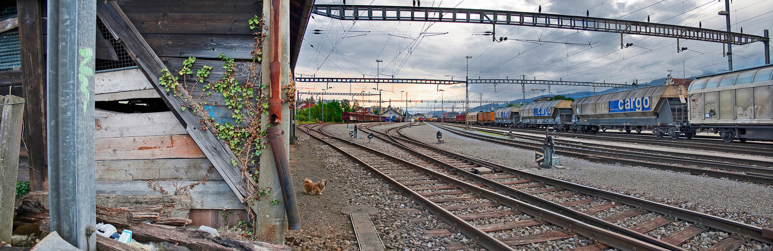 Einbruch der Dämmerung über dem Bahnhofsgelände