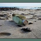 Eine angeschwemmte Flasche am Strand von Haurvig, Dänemark