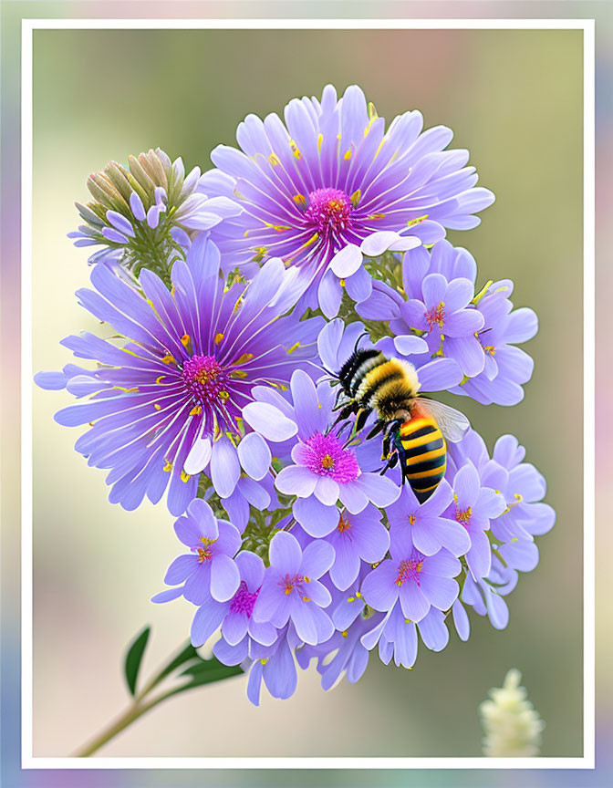 Eine Biene auf den lila Blüten-KI Bild