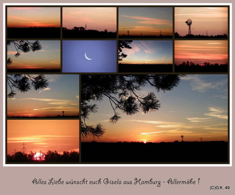 Eine Collage mit mehreren Fotos von einem Sonnenaufgang !