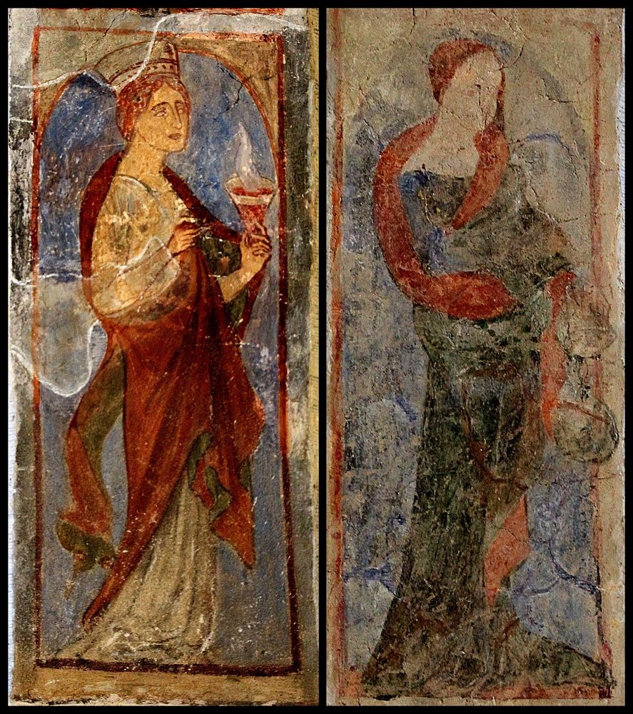 eine kluge und eine törichte Jungfrau- gotische Malerei in der Marienk. Stargard