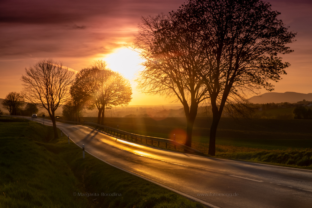 Eine Landstraße in der untergehenden Sonne.