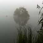 Eingehüllt vom Nebel zeigt sich die kleine Insel im See.