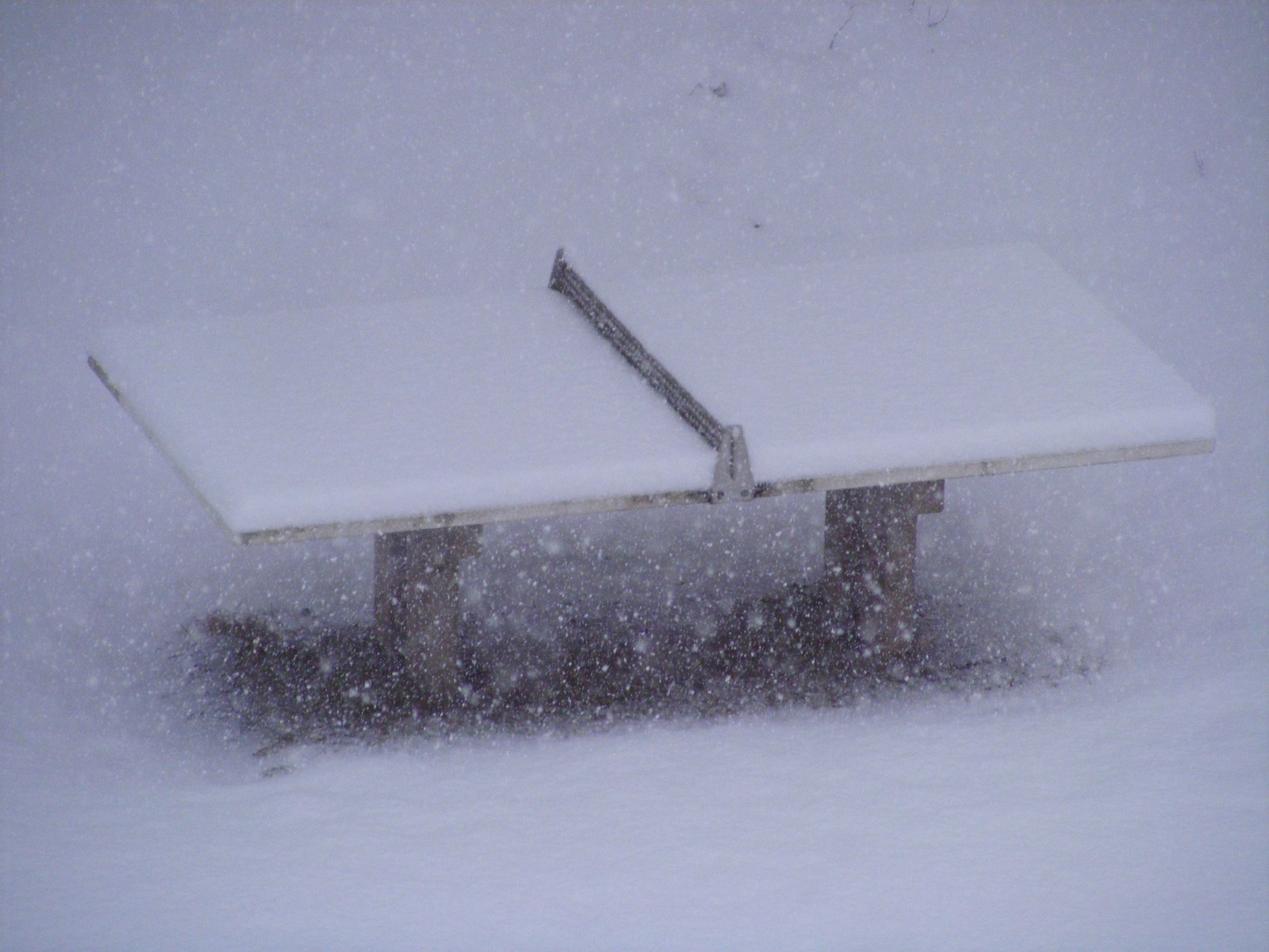 Einsame Tischtennisplatte im Schneesturm