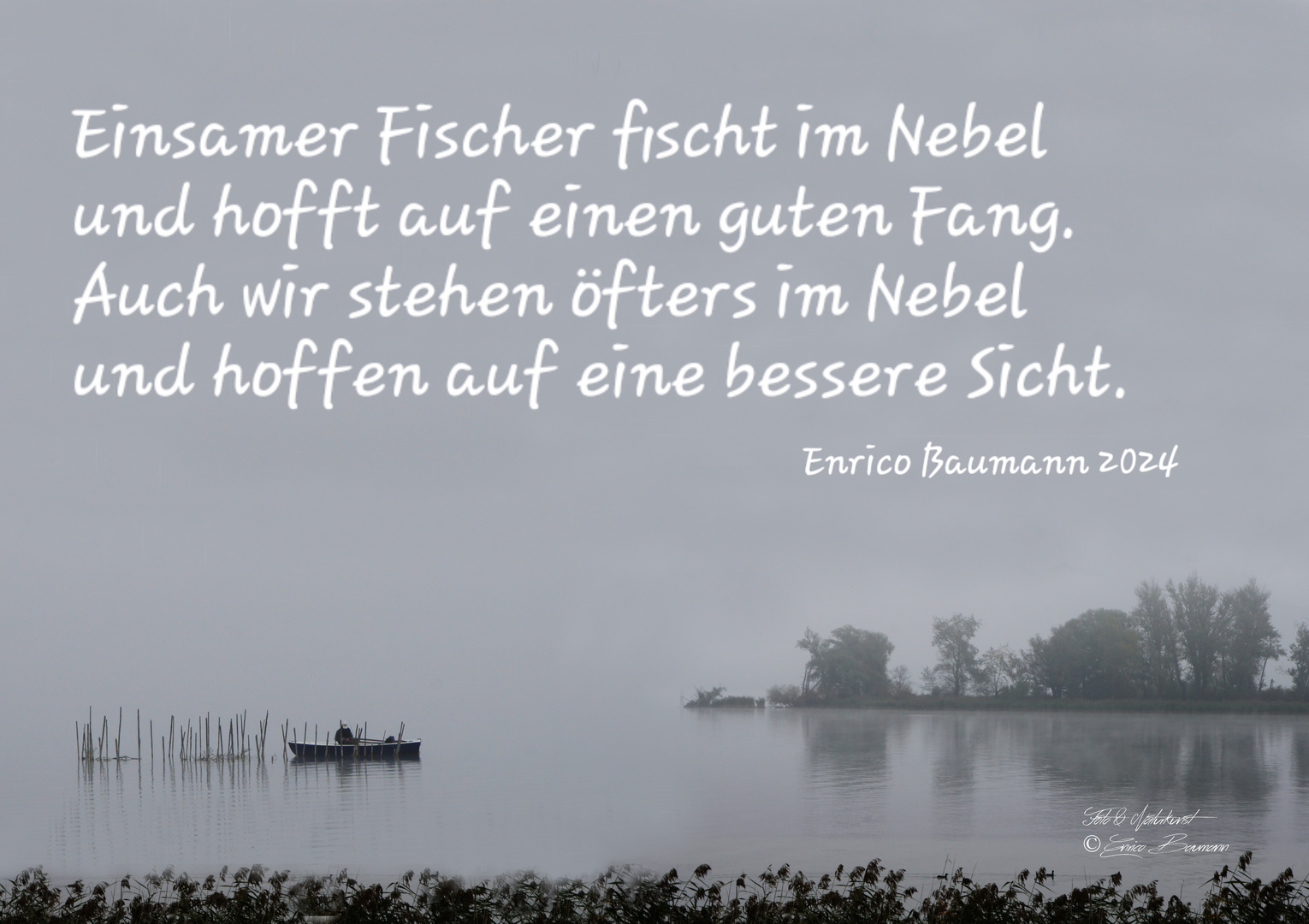 Einsamer Fischer im Nebel