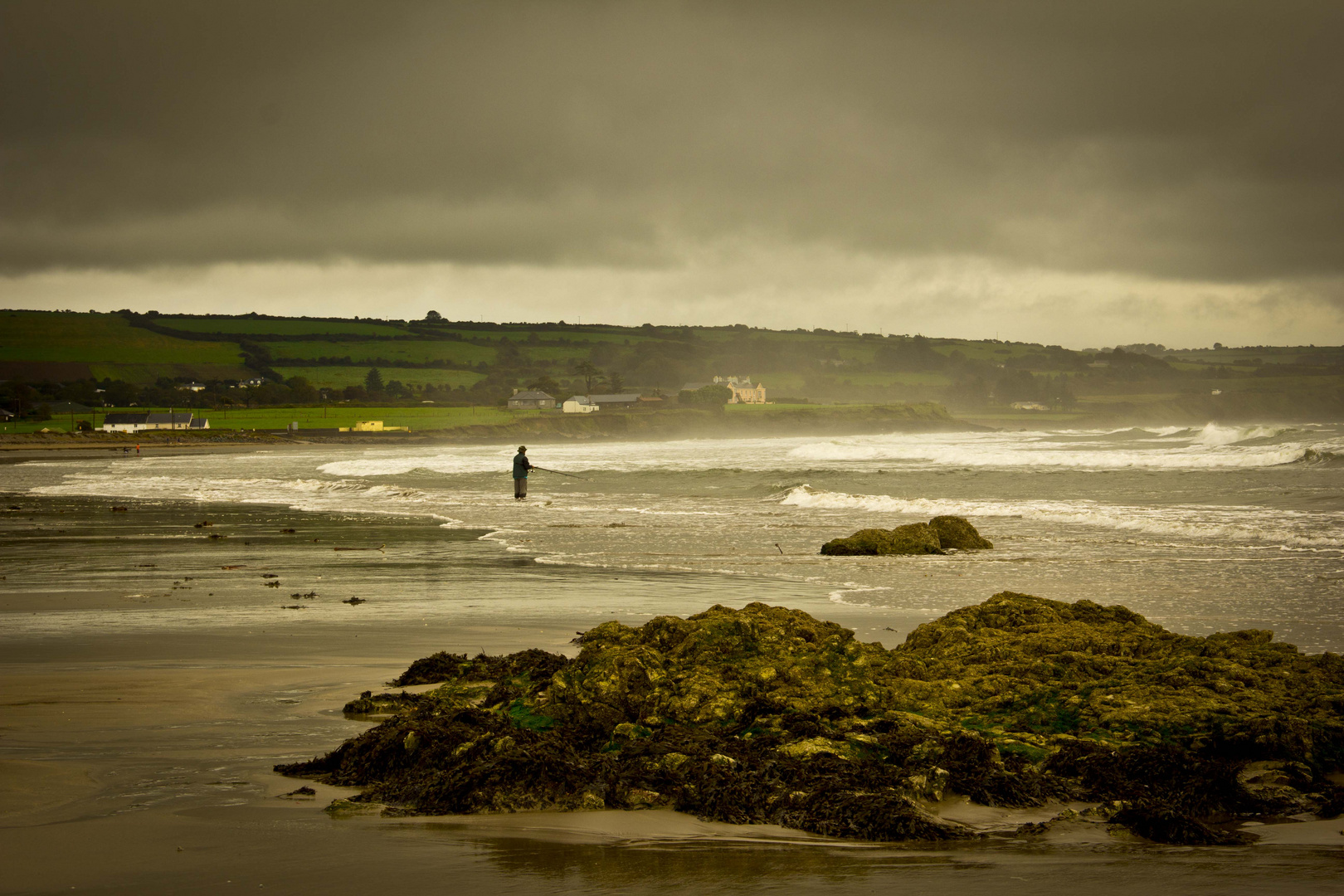 Einsamer Fischer in Ballynacourtey, Ireland