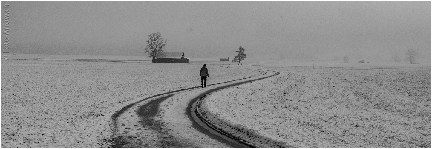 Einsamer Wanderer. Winter war's, mit wenig Schnee...