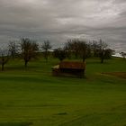 Einsamme Hütte auf grünem Hügel