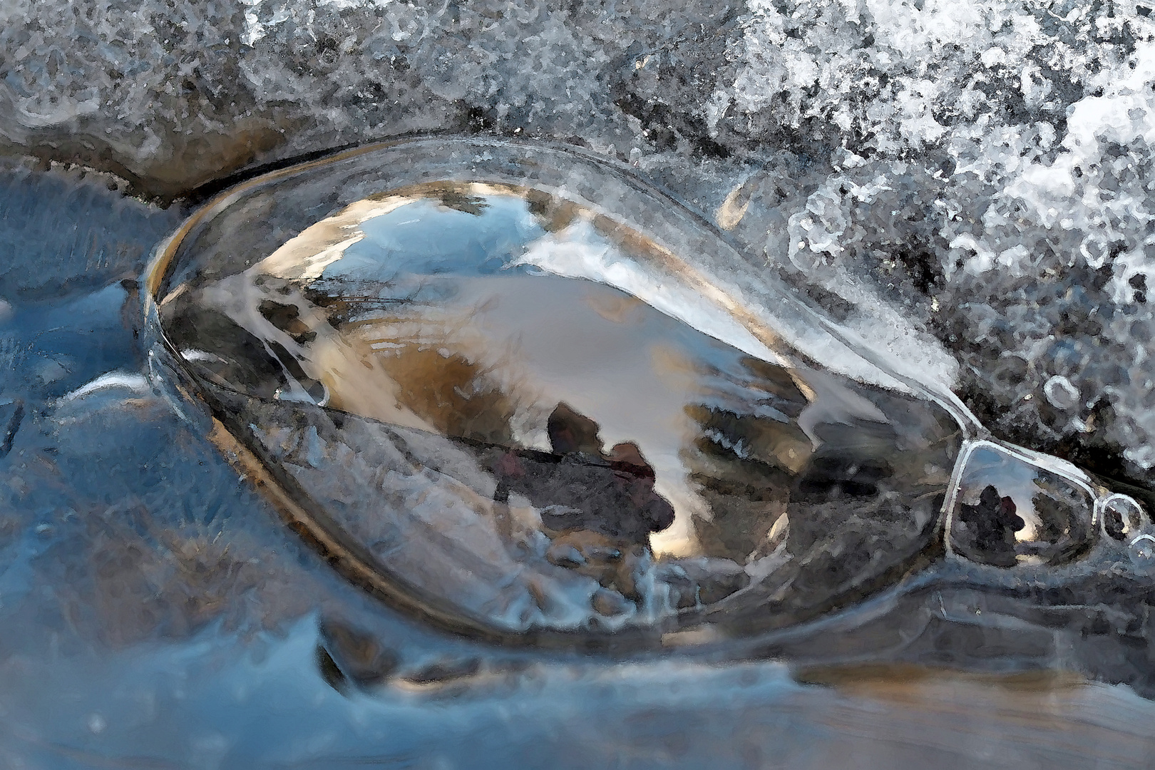 Eis, Wasser, Luft (4): Die Luftblase hat meinen Besuch bemerkt! - Me voici dans le ruisseau!