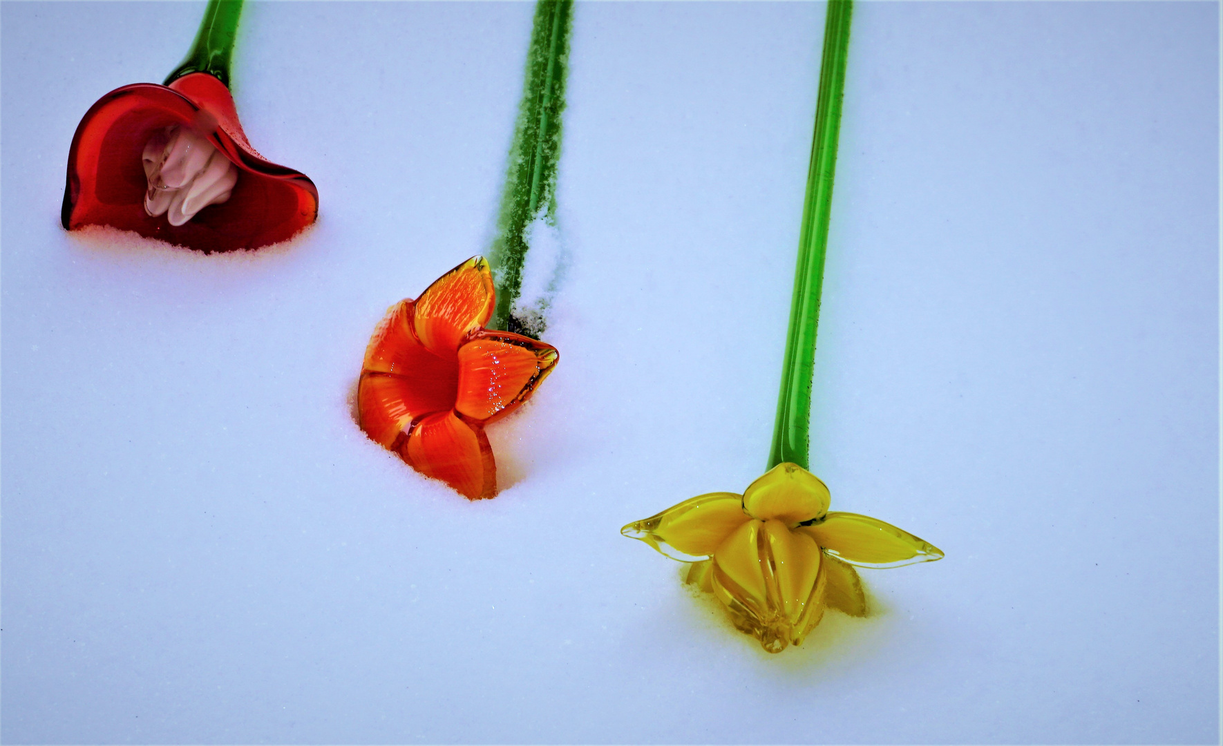 Eisblumen sind es nicht, sondern handgefertigte Blumen aus Glas im Schnee