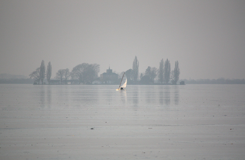 Eissegler vor dem Willhelmstein auf dem Steinhuder Meer