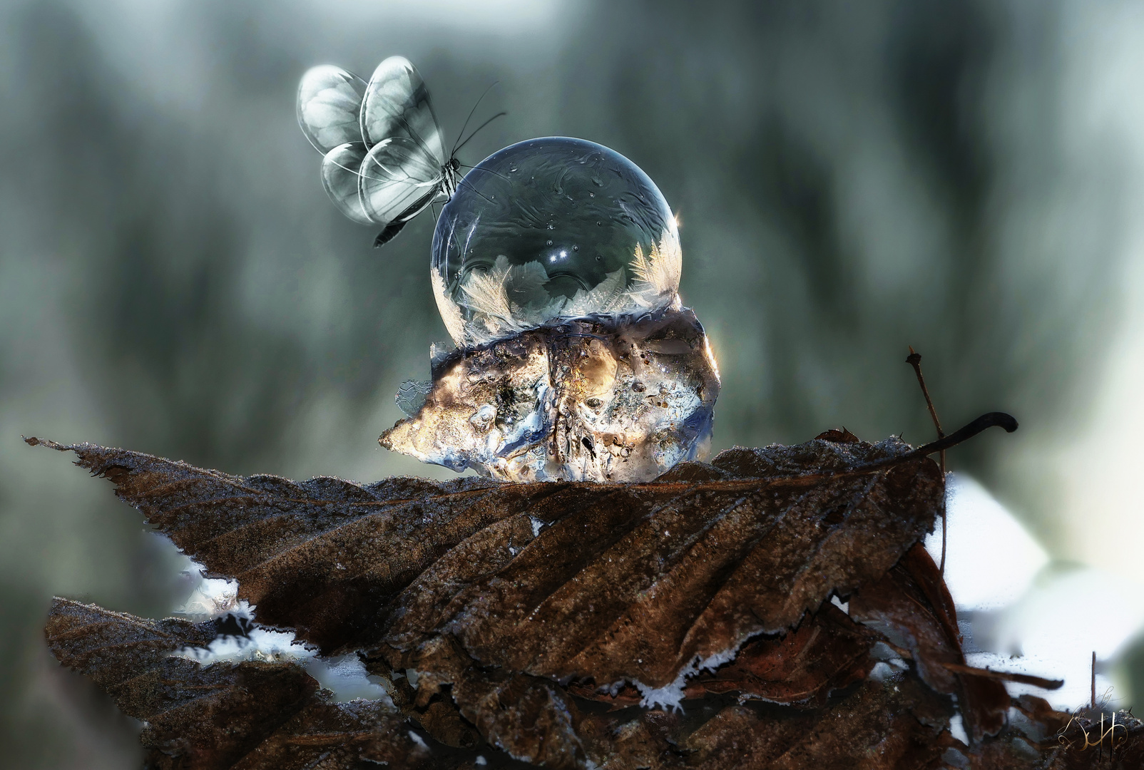 Eisskulptur mit gefrierender Seifenblase