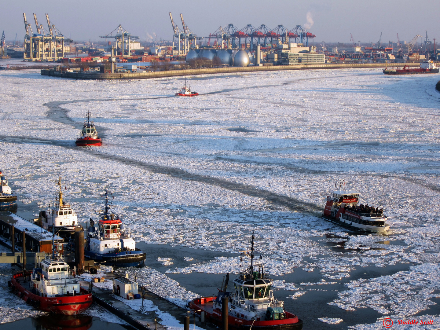 Eiszeit in Hamburg - die Elbe von oben