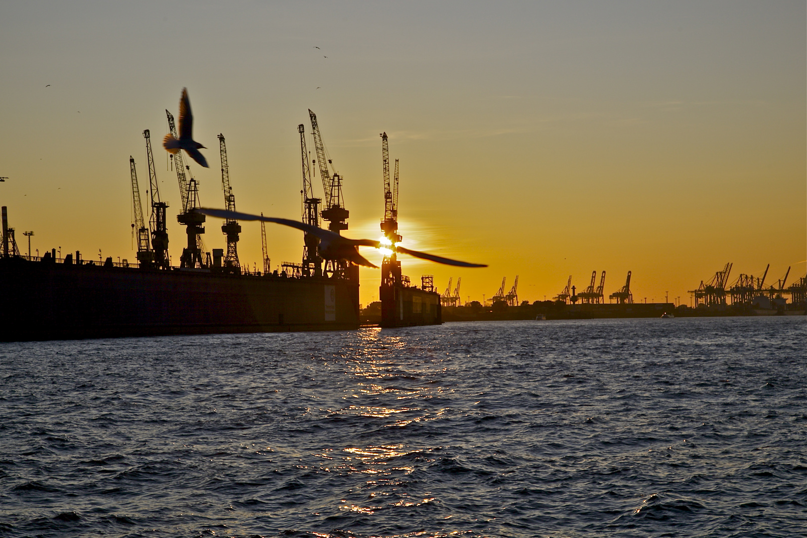 Elbe bei Sonnenuntergang, Hafen Hamburg