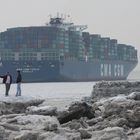 Elbe im Winter mit Containerschiff