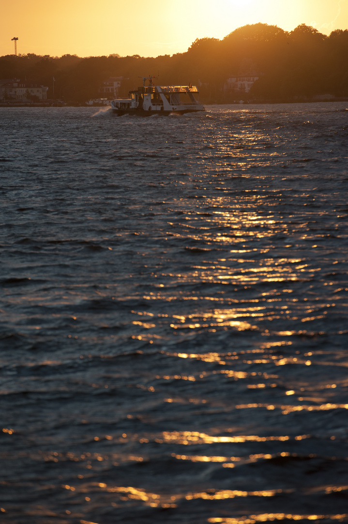 Elbe vor Hamburg bei Sonnenuntergang mit Schiff