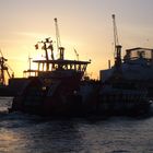Elbische Schiffe bei Sonnenuntergang in Hamburg