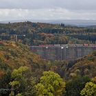Elstertalbrücke mit Mega-Gerüst und Güterzug
