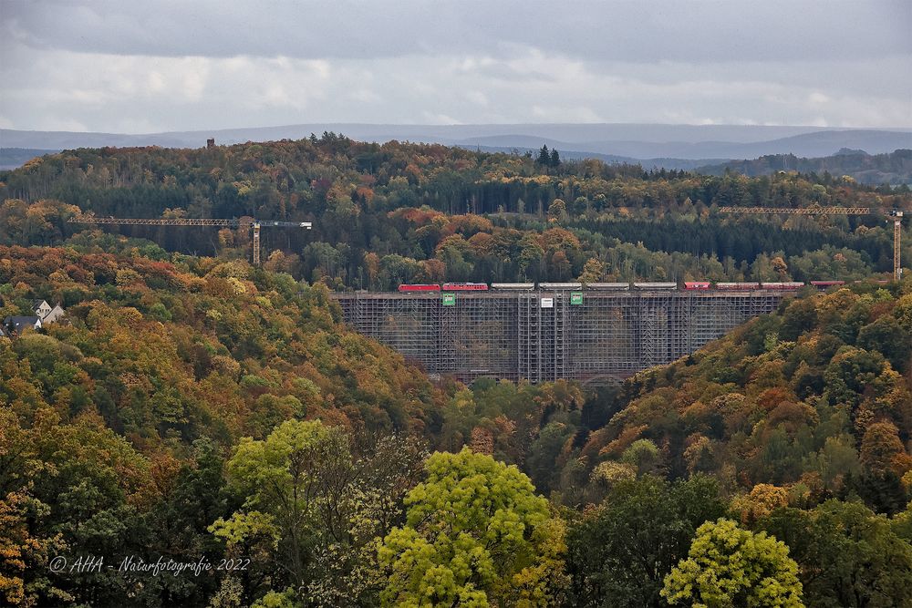 Elstertalbrücke mit Mega-Gerüst und Güterzug