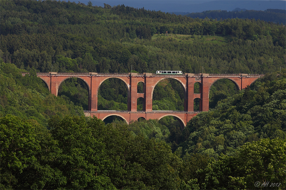 Elstertalbrücke mit Strommasten und Vogtlandbahn