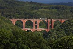 Elstertalbrücke mit Strommasten und Vogtlandbahn