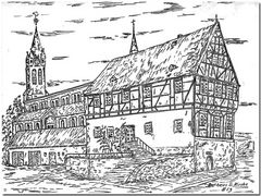 Elzer Rathaus und Kirche nach einem Bild von damals per Hand gezeichnet