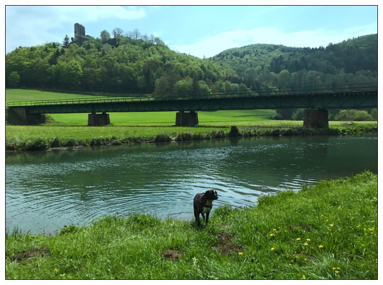 Emily vor Brücke und Ruine