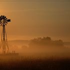 éolienne sous la brume.